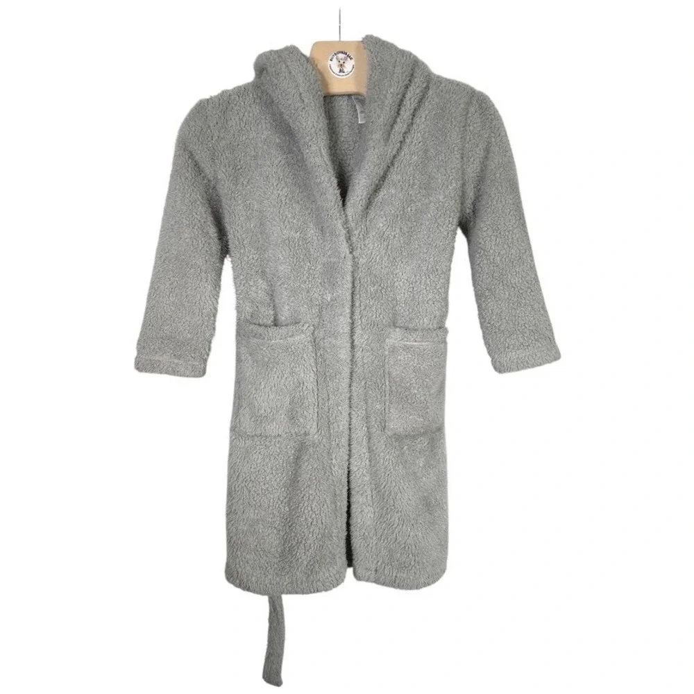 Pottery Barn Teen XS/S Gray Recycled Sherpa Hooded Robe Belt Pockets